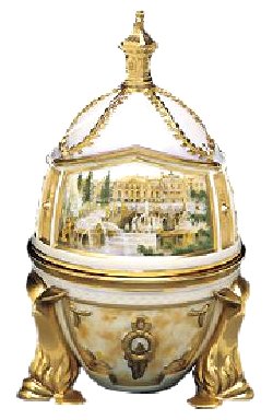 Peterhof Egg by Theo Faberge. The magnificence of the Palaces and Parks of Peterhof is captured in this creation